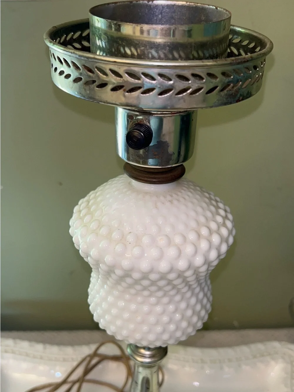 Vintage Hurricane Style Hobnail Milk Glass Table Lamp with a Marble Base